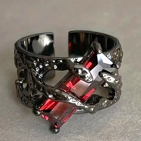 Ring Black Goth Wrap Red Crystal Black Zirconia Stone Rhinestones Silver Goth - Picture 4 of 6
